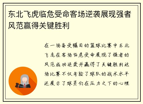 东北飞虎临危受命客场逆袭展现强者风范赢得关键胜利