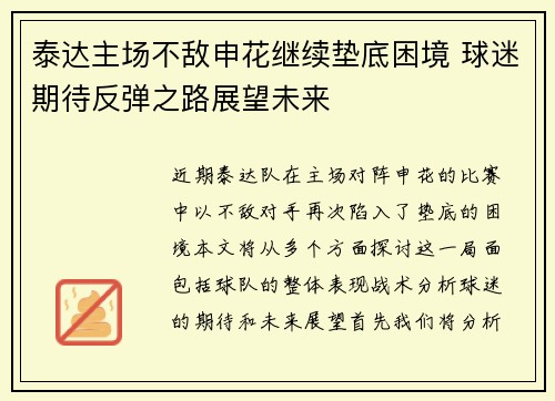 泰达主场不敌申花继续垫底困境 球迷期待反弹之路展望未来
