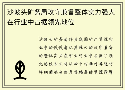 沙坡头矿务局攻守兼备整体实力强大在行业中占据领先地位