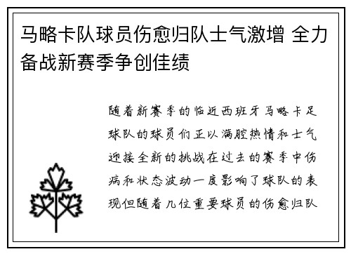 马略卡队球员伤愈归队士气激增 全力备战新赛季争创佳绩