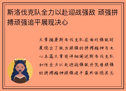 斯洛伐克队全力以赴迎战强敌 顽强拼搏顽强追平展现决心