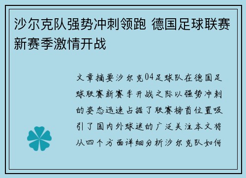 沙尔克队强势冲刺领跑 德国足球联赛新赛季激情开战