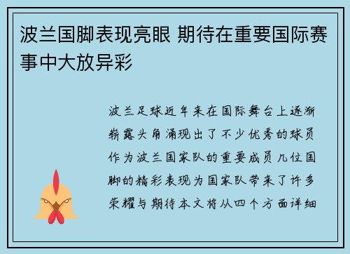 波兰国脚表现亮眼 期待在重要国际赛事中大放异彩