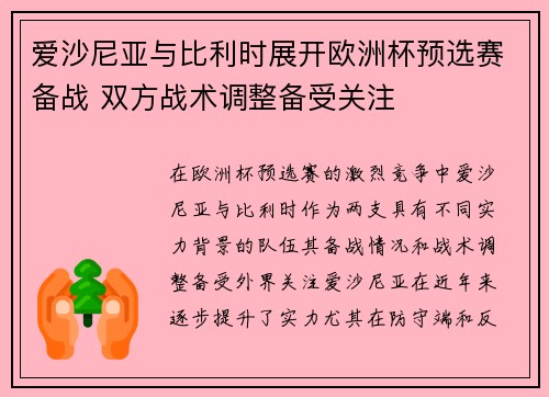 爱沙尼亚与比利时展开欧洲杯预选赛备战 双方战术调整备受关注