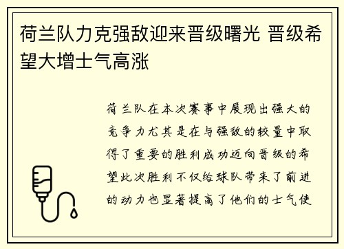 荷兰队力克强敌迎来晋级曙光 晋级希望大增士气高涨