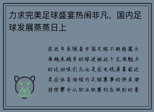 力求完美足球盛宴热闹非凡,国内足球发展蒸蒸日上