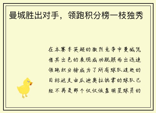 曼城胜出对手,领跑积分榜一枝独秀