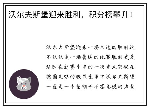 沃尔夫斯堡迎来胜利,积分榜攀升!