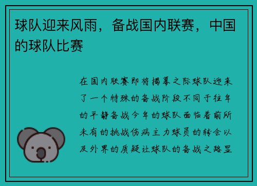球队迎来风雨,备战国内联赛,中国的球队比赛