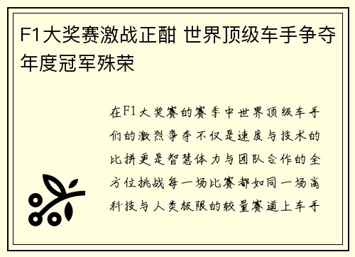 F1大奖赛激战正酣 世界顶级车手争夺年度冠军殊荣