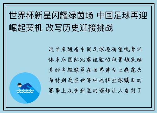 世界杯新星闪耀绿茵场 中国足球再迎崛起契机 改写历史迎接挑战