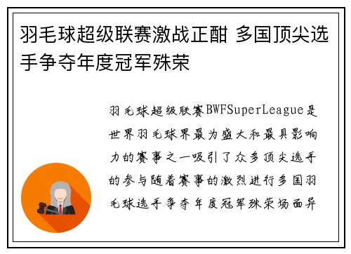 羽毛球超级联赛激战正酣 多国顶尖选手争夺年度冠军殊荣